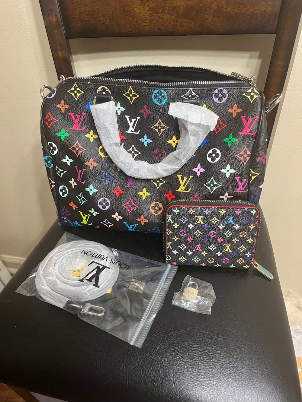 Source Unknown Black Multicolor Monogram Satchel with Top Handles